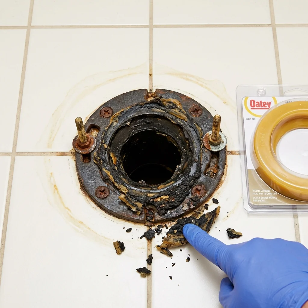 Failed wax ring showing water seepage at the base of a toilet in a Sterling City, TX home