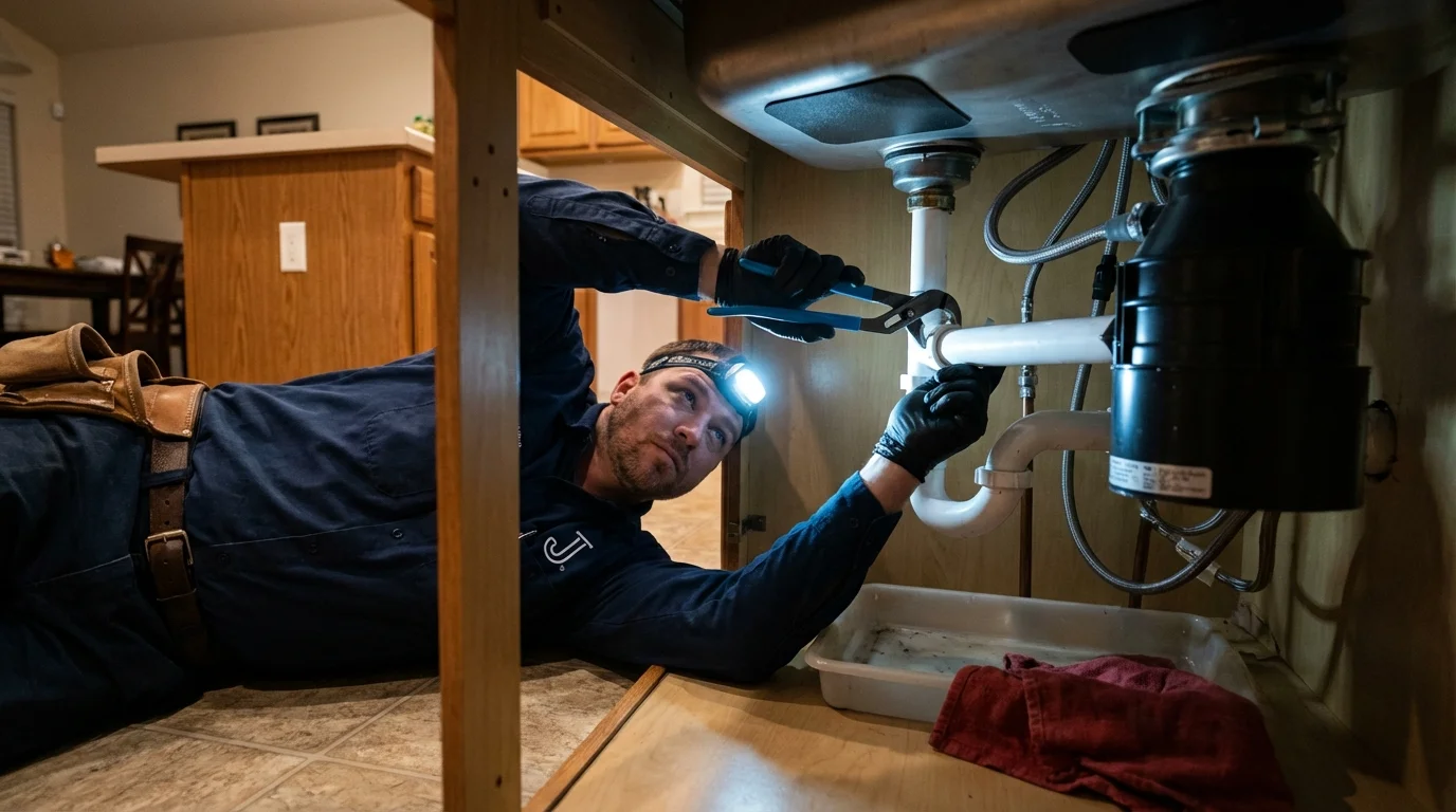 P-trap and supply line connections under a kitchen sink showing a common leak point in Sterling City, TX